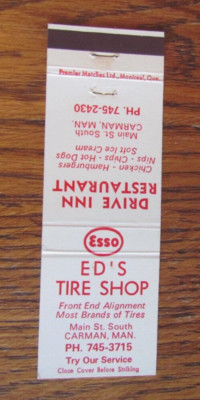 ED'S TIRE SHOP ESSO GAS STATION MATCHBOOK COVER: CARMEN, MANITOBA MATCHCOVER -B8