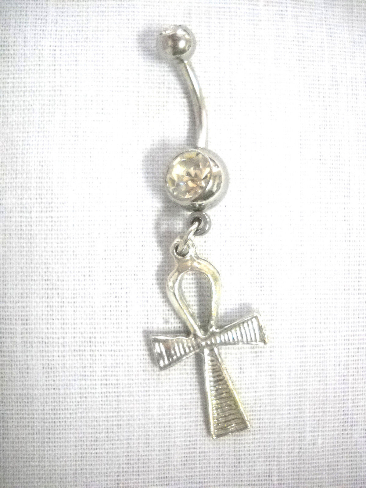 EGYPTIAN ANHK / ANKH ETERNAL LIFE TAU CROSS PEWTER CHARM 14g CLEAR CZ BELLY  RING