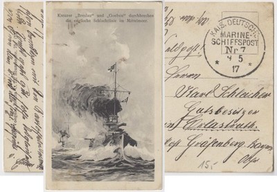 Postcard SMS Wroclaw and Goeben Marine 1917 MSP 7 Liner SMS Bavaria to Gräfenberg