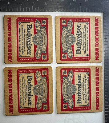 VINTAGE BUDWEISER CORK COASTERS - Year 1980 - 4x Unused / 2 Sided / 4'' Square 