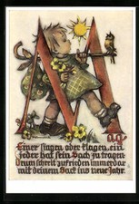 Artist postcard Hummel: Little girl singing on the journey 1962 