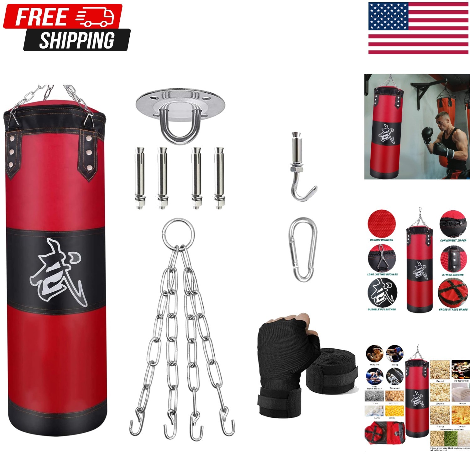 Saco de boxeo colgante de cuero pu para adultos set de entrenamiento mma