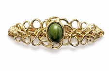 Vintage Gold Tone Filigree Hair Barrette Green Cabochon Stone Mid Century