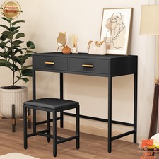 Black Vanity Desk & Stool Set Steel Frame Computer Console Table w/ 2 Drawers