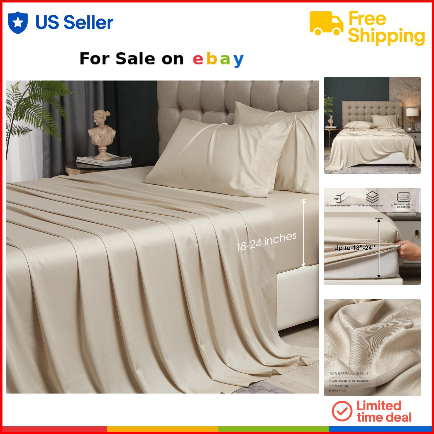 King Size Bamboo Rayon Deep Pocket Cooling Silky Soft Luxury Sheet Set