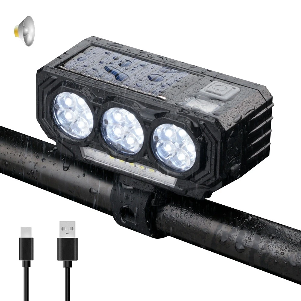 Solar Front Lights Bike Headlight, USB Rechargeable with Horn for Night Riding