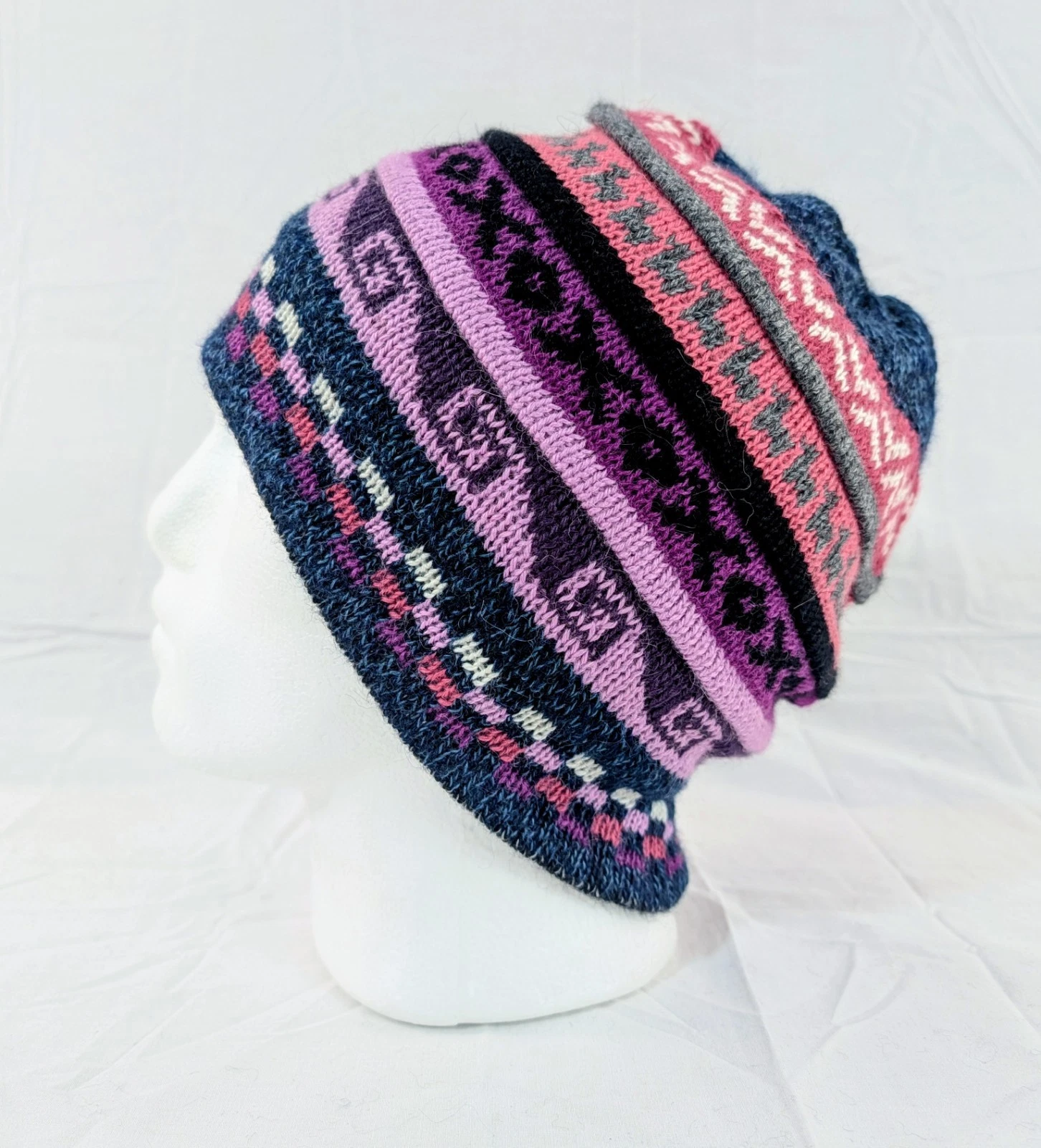 Soft Baby Alpaca Reversible Pink Black Beanie Unisex Colorful Boho Llama Peru