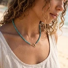 Natural Turquoise 4mm round beaded Necklace Toggle Clasp Boho Choker for women
