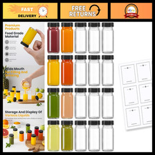 20 Pack 2oz Clear Glass Shot Bottles with Black Lids  Labels - Leakproof, Mini
