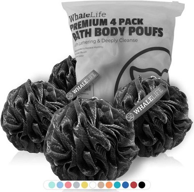 4 Pack Black Bath Sponge Shower Puff Loofahs Large Bamboo Charcoal Mesh