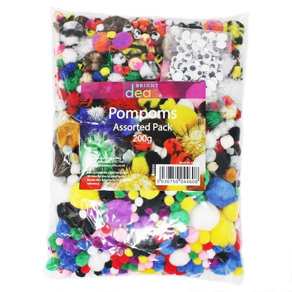 Pom Poms Assorted Colours and Sizes 200g pack with 100 Wiggle Eyes