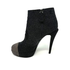 CHANEL Black Grey Glitter Leather Booties Size 37 CC Logo