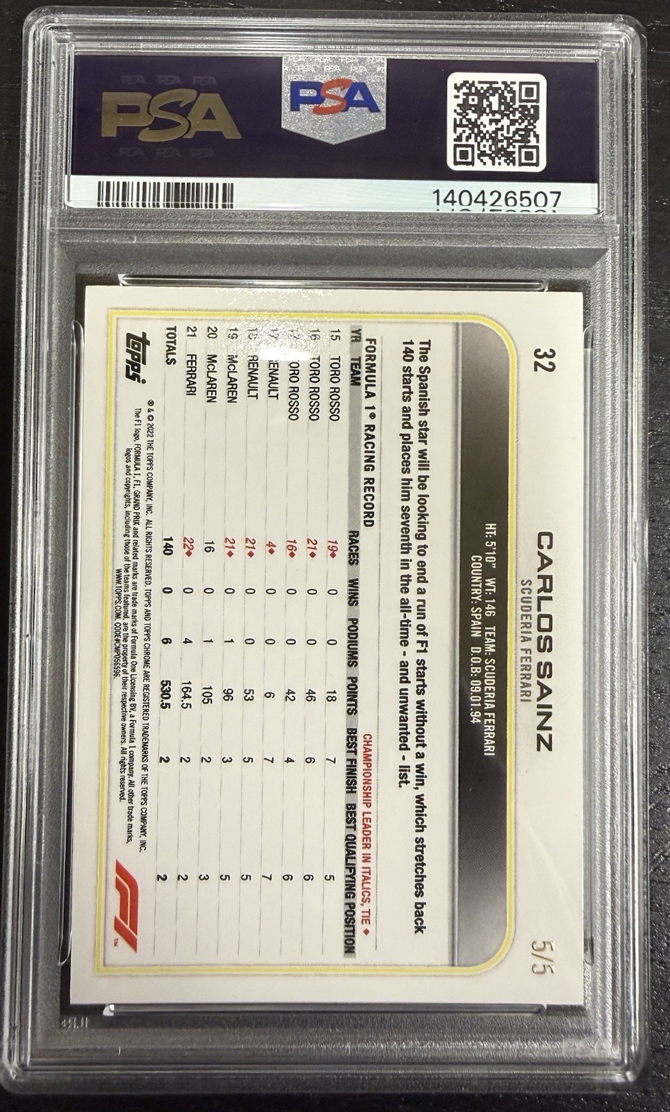 2022 Topps Chrome Formula 1 Carlos Sainz #32 Red Wave Refractor 5/5 PSA 9 view 2