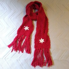 Vintage Scarf Red White Snowflakes Rhinestones Silver Stitching Winter Long