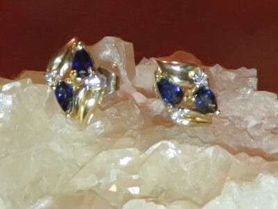 14K Yellow Gold Blue Spinel & Cubic Zirconia Chip Stick Earrings