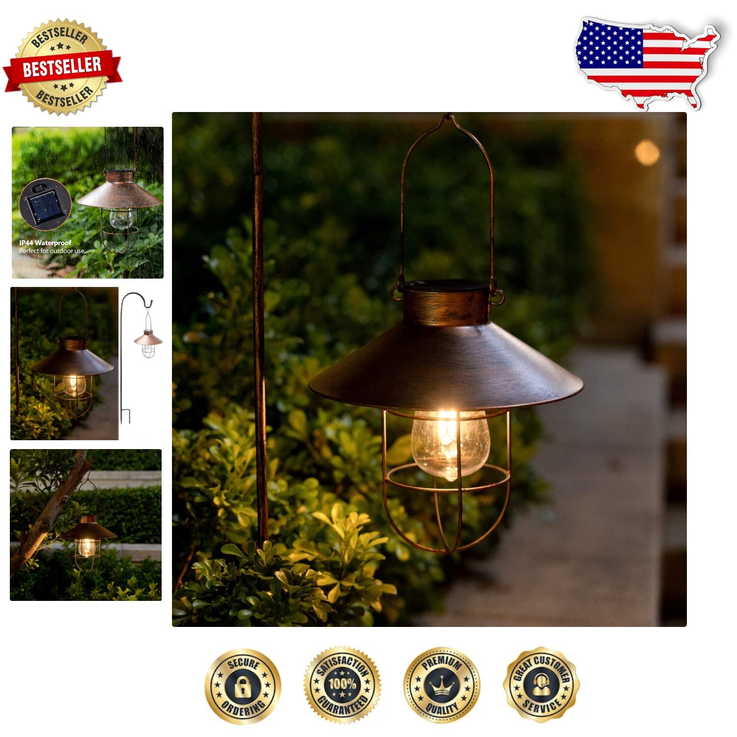 Brushed Copper Outdoor LED Garden Lantern with Shepherd Hook