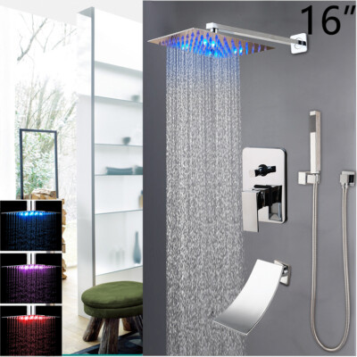 3 Ways LED Bathroom Rainfall Chrome Shower System Mixer Wide Spout Taps Unit