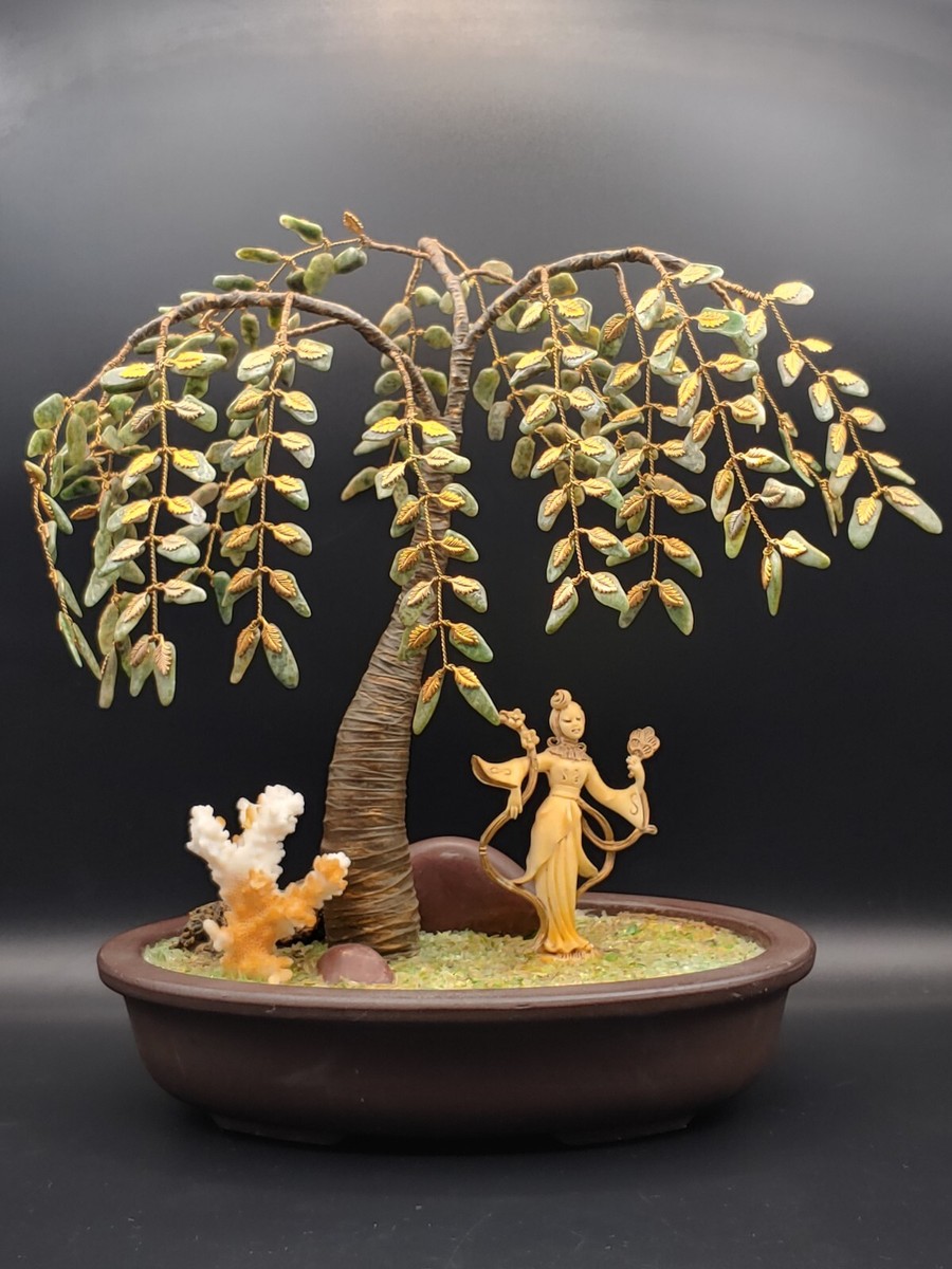 珊瑚碧玉金叶树紫砂盆景Chinese Jade Jasper Golden Leafs Tree Coral