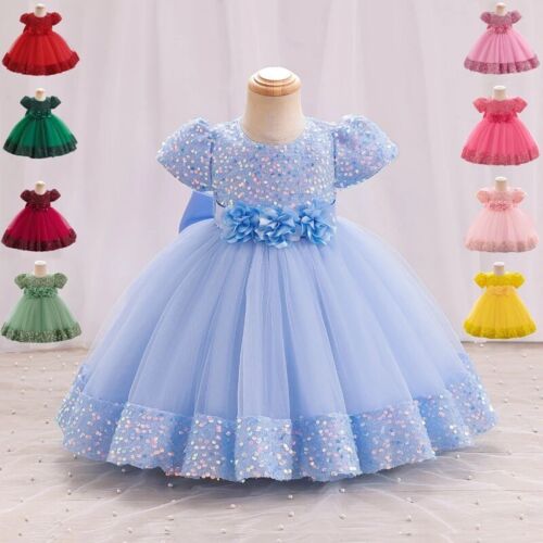 Baby Bow Party Girls Dress Toddler Sequin Birthday Flower Princess Wedding Prom - Picture 1 of 32
