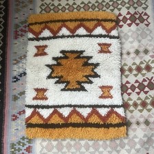Vintage Latch Hook Native American Indian Rug Wall Hanging 1970  s MCM Retro