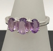 Amethyst ring solid Sterling Silver oval three stone trilogy gift box