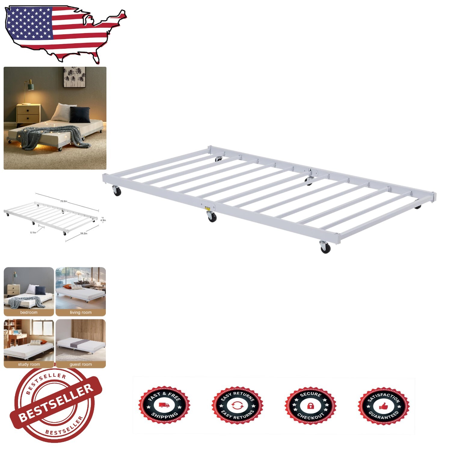 Enhanced Twin Trundle Bed Frame with Lockable Casters for Space Efficiency