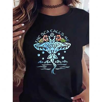 Ocean Creature Floral Print Fashionable T-shirt, Round Neck Short Sleeved