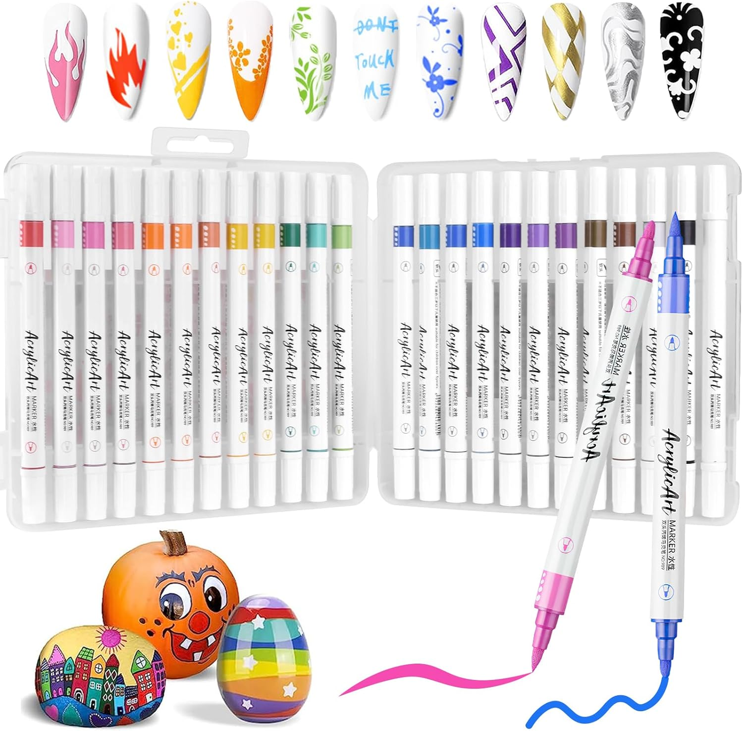 Acrylic Paint Pens, 24 Colors Dual Tip Nail Art Polish Pens with Fine Tip and Br
