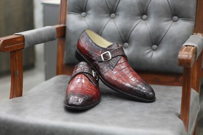 Handmade Maroon Alligator Embossed Leather Monk Strap Shoes For Men s