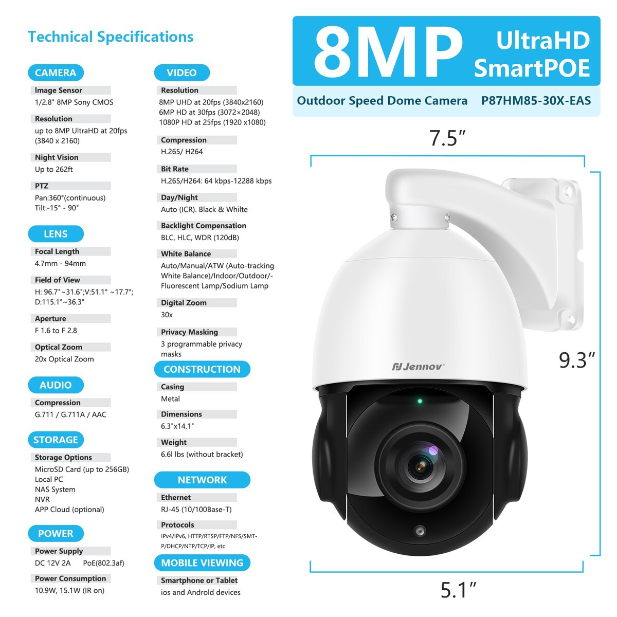 新品 Jennov 4K 8MP POEカメラ P87HM85-30X-EAS Jennov P87HM85-30X-EAS 4K 8MP Wi-Fi Infrared PTZ Outdoor