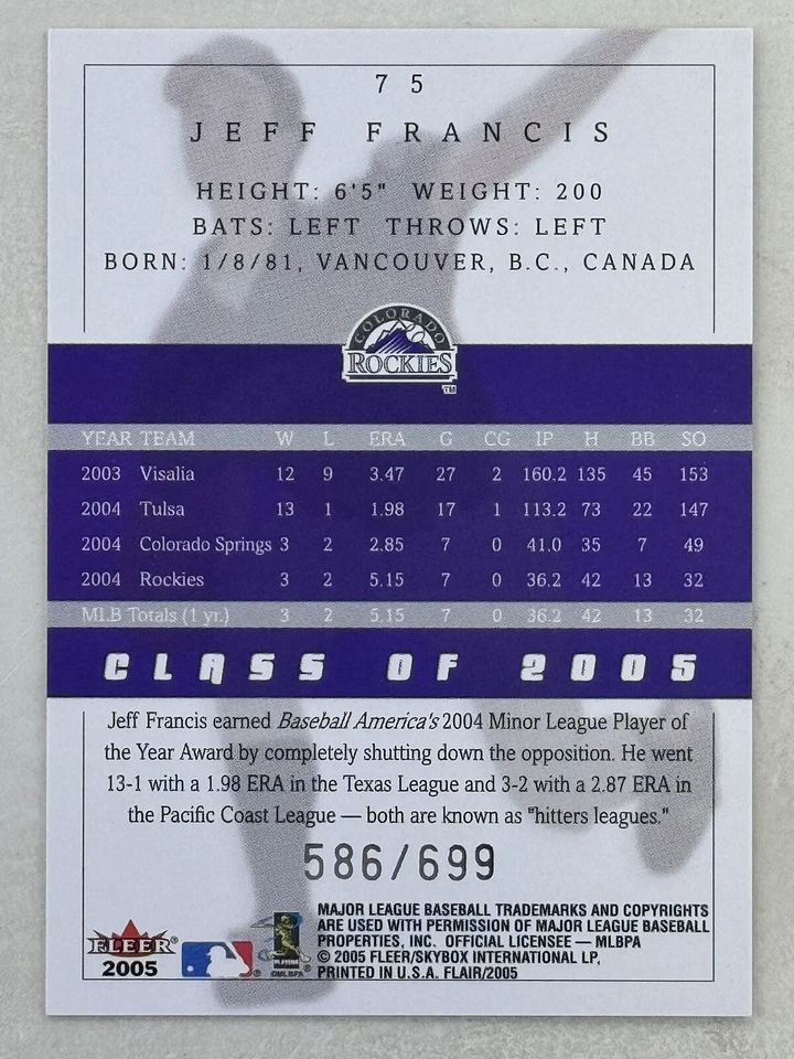 Jeff Francis 2005 Flair /699 #75 Sports MLB Colorado Rockies Trading Card - Image 2 of 2