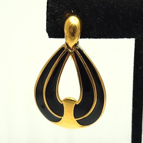 Vintage Napier Black Enamel Screw Back Earrings Door Knocker Teardrops Gold Tone - Picture 6 of 13
