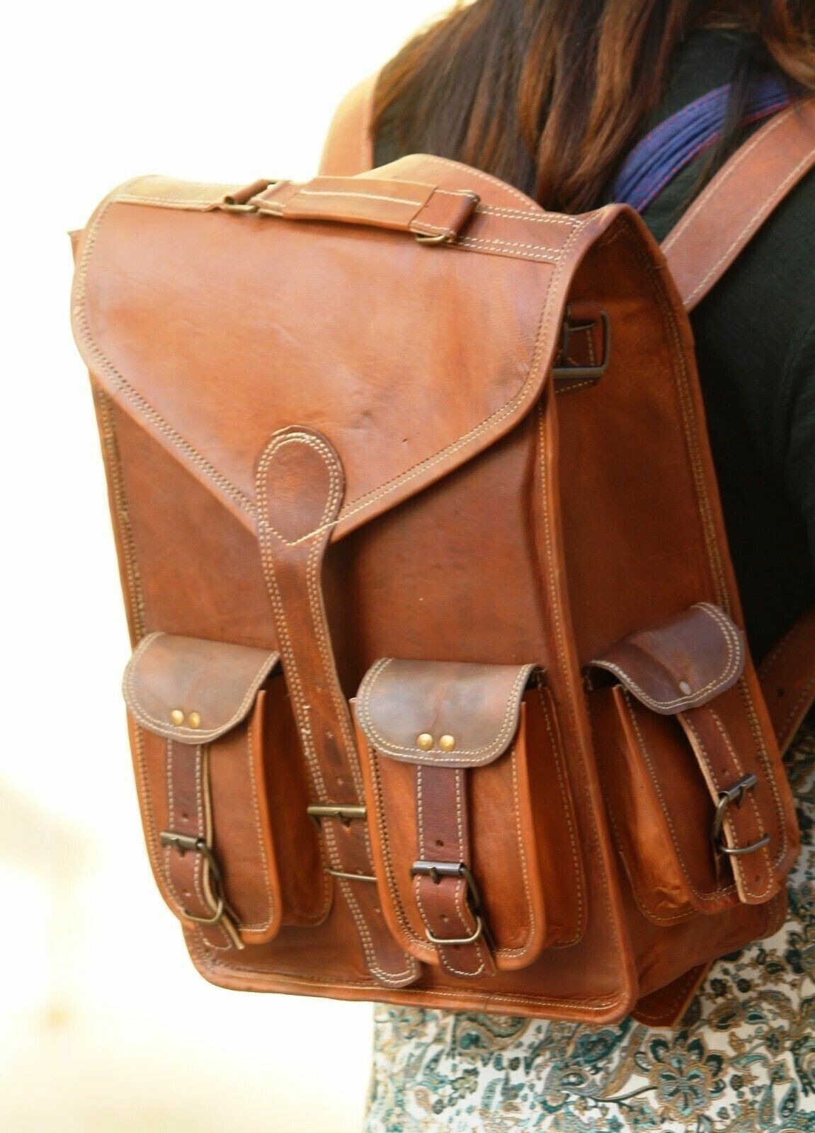 Vintage Brown Goat Leather Shoulder Messenger Backpack Rucksack