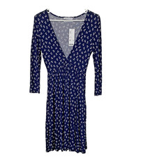 Urban Outfitters Small Navy Blue White Midi V-neck Dress Pockets Viscose