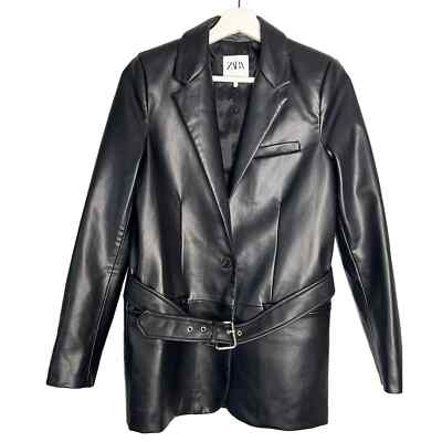 Zara Faux Leather Single Button Belted Blazer Jacket Black Women's Sz XS 