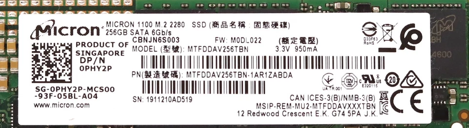 Dell MTFDDAV256TBN 256GB 6Gb/s M.2 2280 TLC SATA SSD Dell P/N: 0PHY2P Tested - Image 2 of 2