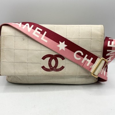 Auth CHANEL Sports-line Choco-bar Coco Shoulder Bag White Pink France w/ Seal