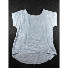 Blusa Terzo Millennio Italia Azul Lino Bordado Hoja Top L Manga Corta