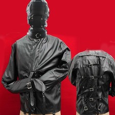 Bondage Straitjacket Asylum Armbinder Body Harness Head Hood Mask Headgear Plug