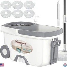 Spin Mop & Bucket Set with Wringer - 6 Refills & 61" Handle for Hardwood Care