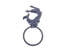 Handcrafted Nautical Decor Dark Blue Cast Iron Arching Mermaid Towel Holder, 9"