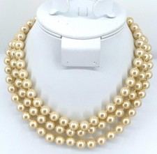 Vintage Monet Faux Pearl Mid Century Triple Strand Necklace Goldtone Choker