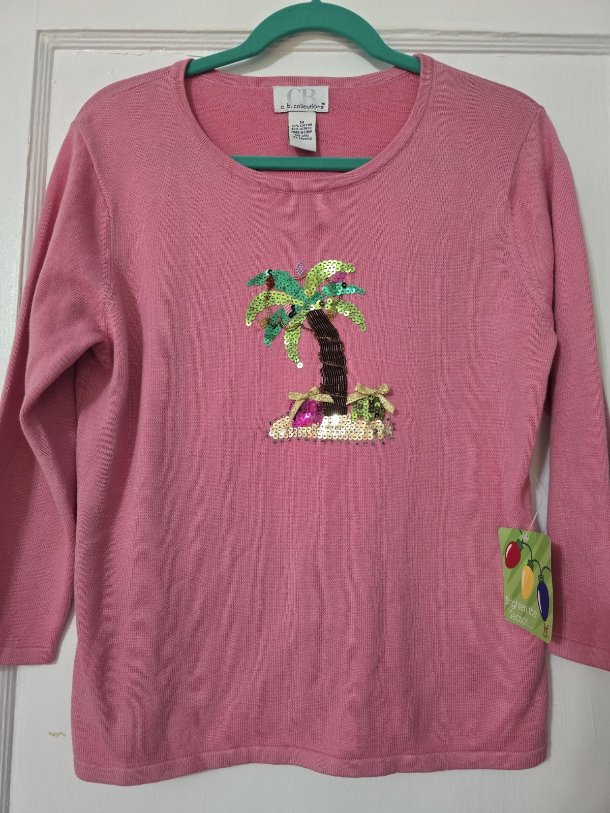 CB Collections Pink Beaded Tropical Christmas Sweater Size Medium Palm Tree