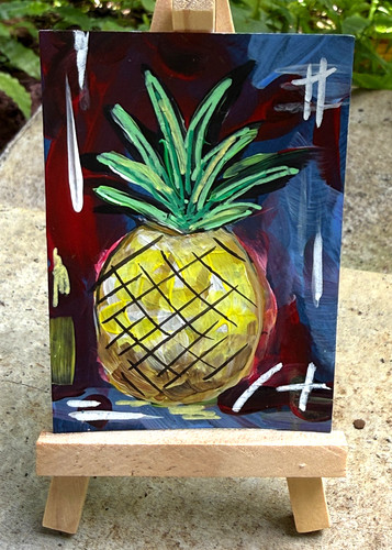 ACEO/ATC Original Acrylic Pineapple MiniPainting "Aloha Gold" Signed 3.5x2.5