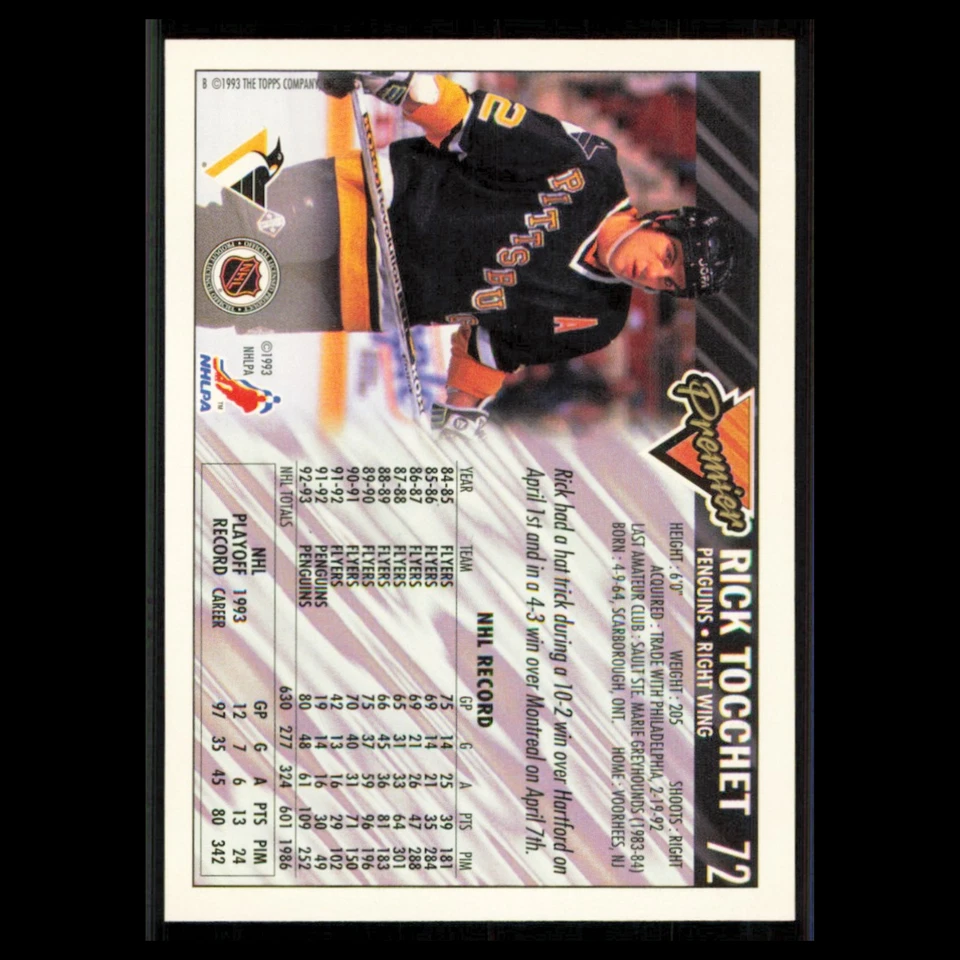 Rick Tocchet #72 1993 Topps Premier Pittsburgh Penguins Hockey Card NHL NM - Image 2 of 3