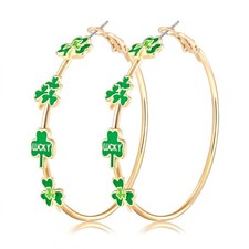 St Patricks Day Hoop Earrings Green Shamrock Charm Earrings Festive Clover Lu...