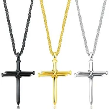 Mens Stainless Steel Nail and Rope Cross Pendant Necklace Christian Jewelry Gift