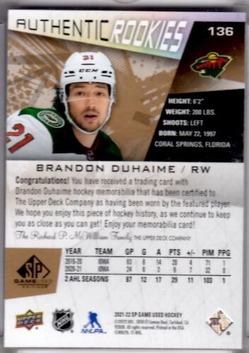 2021-22 SP Game Used Brandon Duhaime Gold Fragment 3 Color Patch Card # 136 - Picture 2 of 2