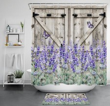 Retro Rustic Wood Barn Door Purple Floral Shower Curtain Set for Bathroom Decor