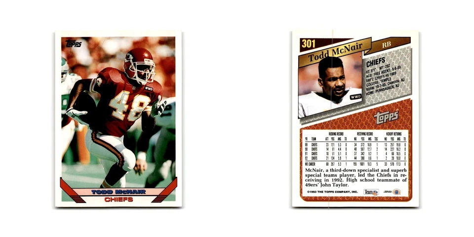1993 Topps Todd McNair Chiefs #301 - Image 3 of 3